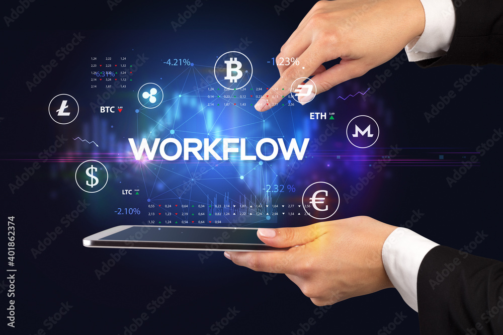 Close-up of a touchscreen with WORKFLOW inscription, business opportunity concept Close-up of a touchscreen with WORKFLOW inscription, business opportunity concept