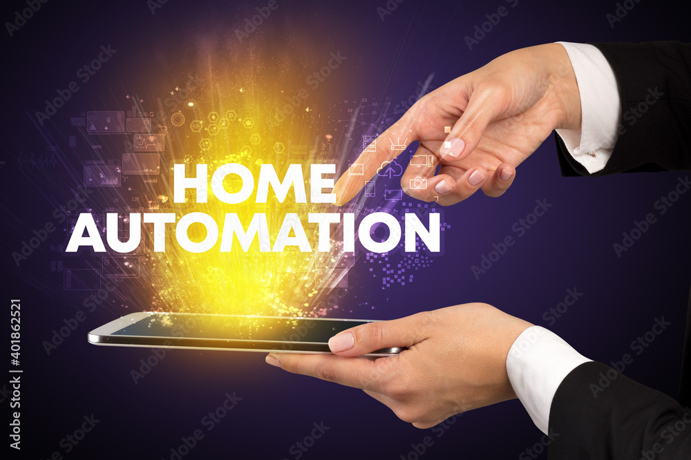 Close-up of a touchscreen with HOME AUTOMATION inscription, innovative technology concept