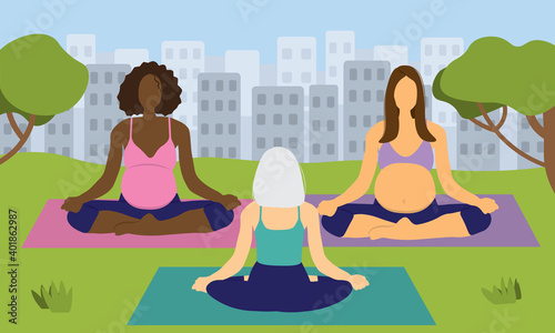 Pregnant women doing yoga class in park