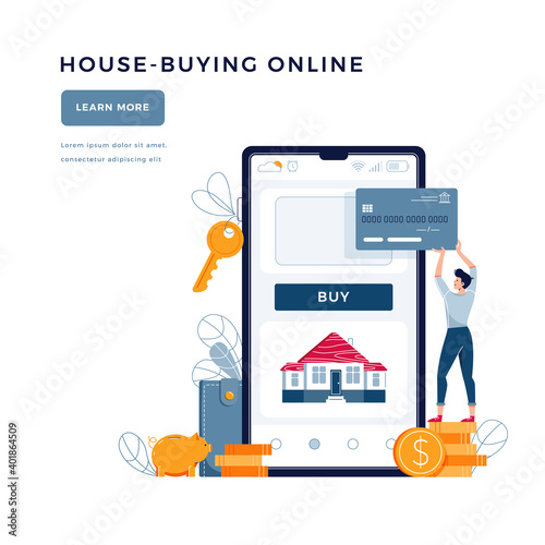 House-buying online banner. Man buys a home paying by credit card. Dealing house, property digital purchase vector illustration for web site, emailing. Tiny people concept, modern flat cartoon style