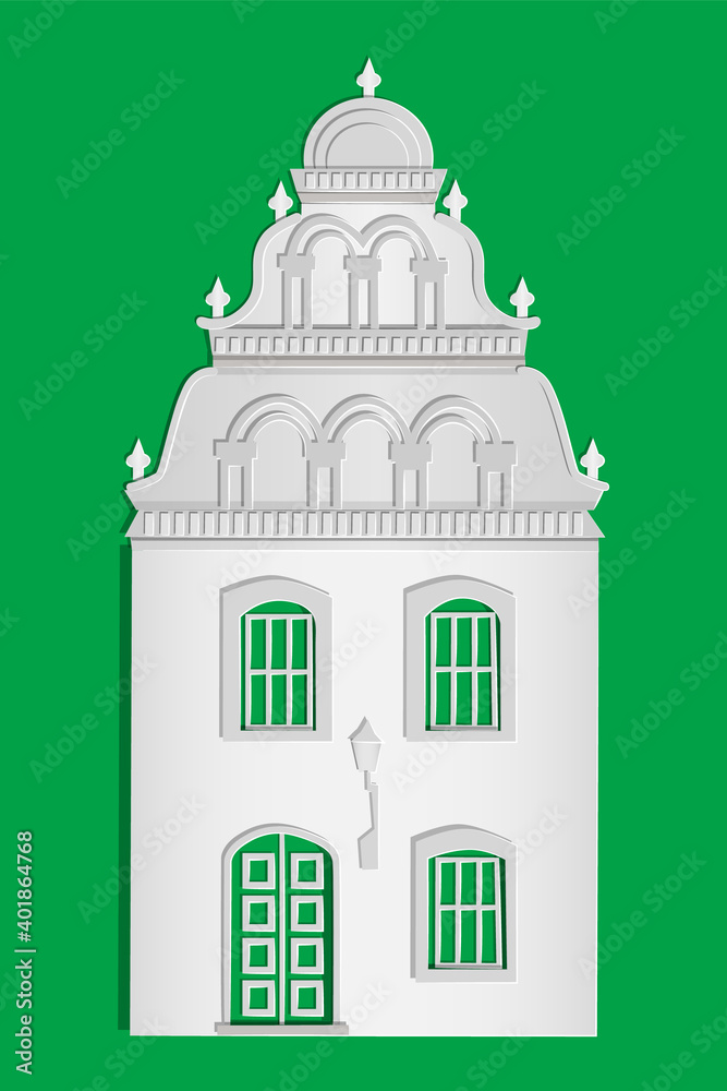 Paper house isolated on green background. Origami city building with windows and door.Cottage exterior of white paper cut art and craft style design. For banner, poster, card.Stock vector illustration Paper house isolated on green background. Origami city building with windows and door.Cottage exterior of white paper cut art and craft style design. For banner, poster, card.Stock vector illustration