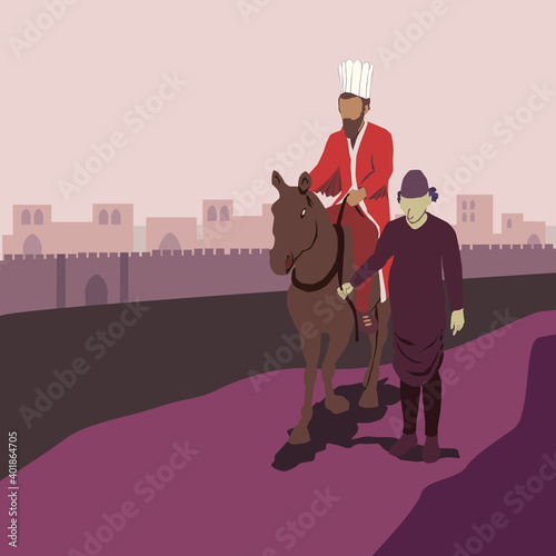 The Jew Mordechai rides a horse, and the evil Haman drags him. A scene from the Book of Esther called on the Jewish holiday - Purim.
A man dressed in a robe and crown sits and the other holds the rope