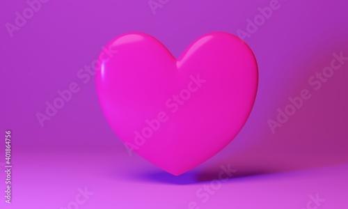 3d render. Glossy flying heart on purple background.