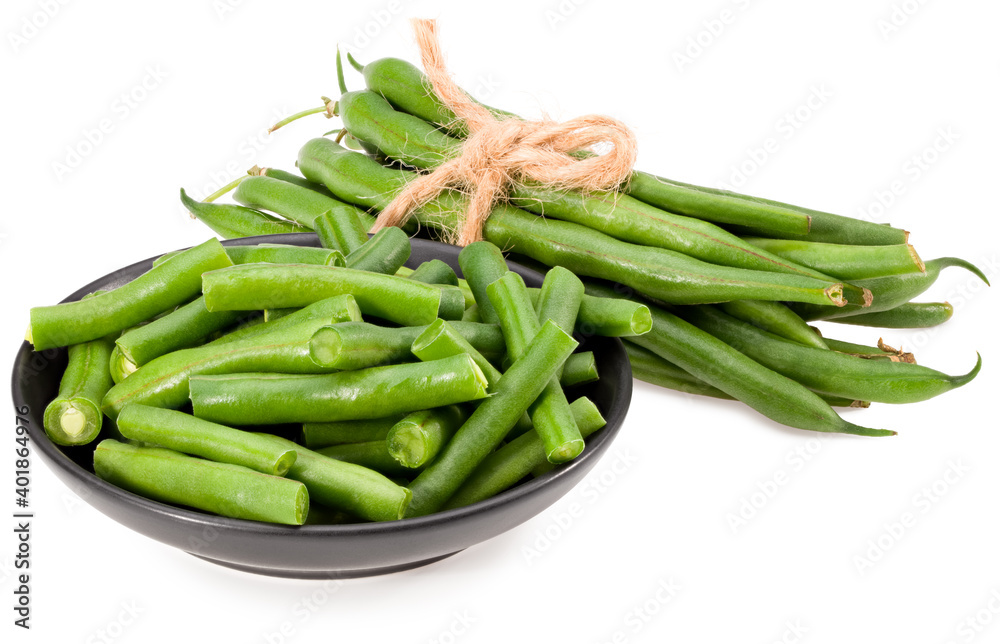 green beans in a black plate isolated on white background. Clipping path and full depth of field