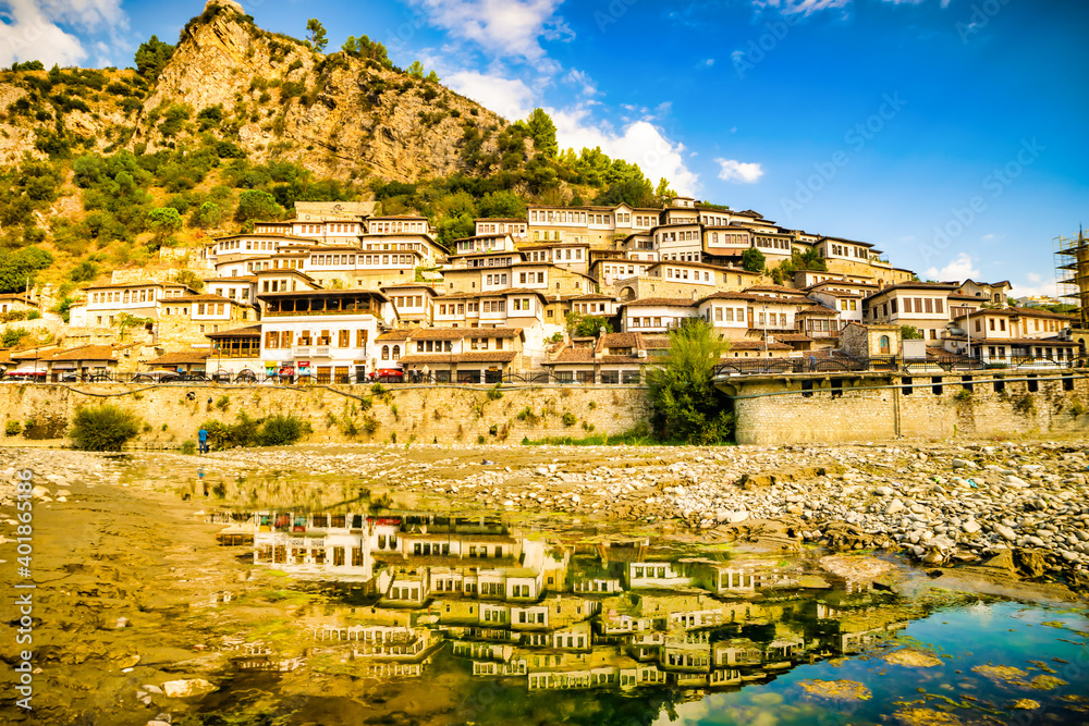 Reflecyon of histprical city BErat in Albania