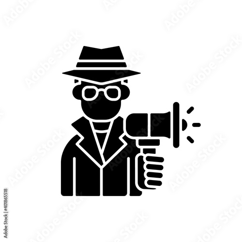 Undercover marketing black glyph icon. Introducing company product to consumers in way that does not seem like advertising. Silhouette symbol on white space. Vector isolated illustration