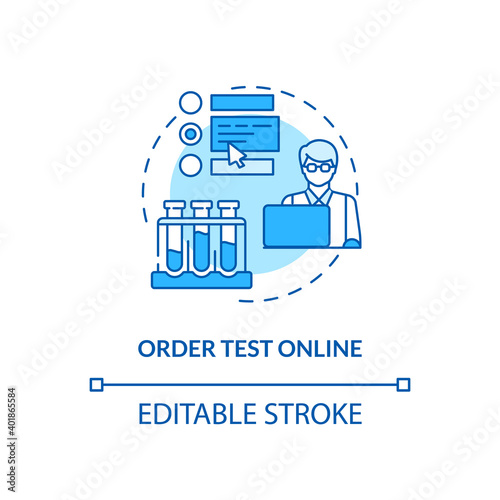 Ordering test online concept icon. Lab test ordering step idea thin line illustration. Home blood testing kit. Doctor order. Vector isolated outline RGB color drawing. Editable stroke