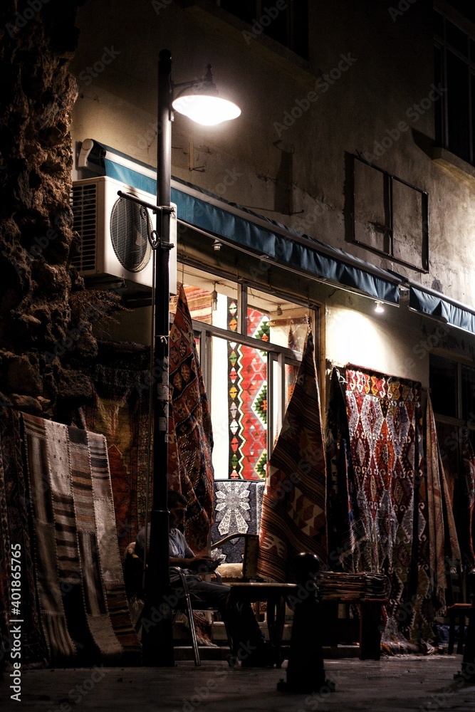 carpet shop in the old town at night