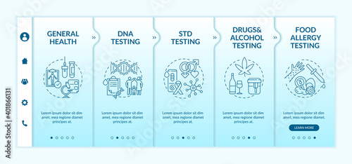 Top laboratory testing categories onboarding vector template. Drugs, alcohol testing. Food allergy checking. Responsive mobile website with icons. Webpage walkthrough step screens. RGB color concept