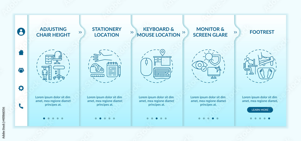 Office workplace safety tips onboarding vector template. Stationery location. Monitor and screen glare. Responsive mobile website with icons. Webpage walkthrough step screens. RGB color concept