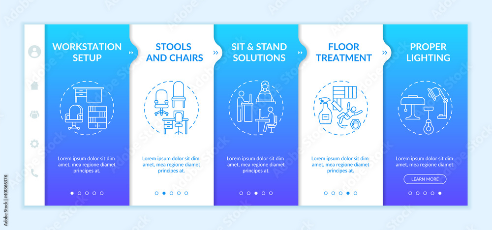 Ergonomic workplace design onboarding vector template. Stools and chairs. Floor treatment. Proper lighting. Responsive mobile website with icons. Webpage walkthrough step screens. RGB color concept