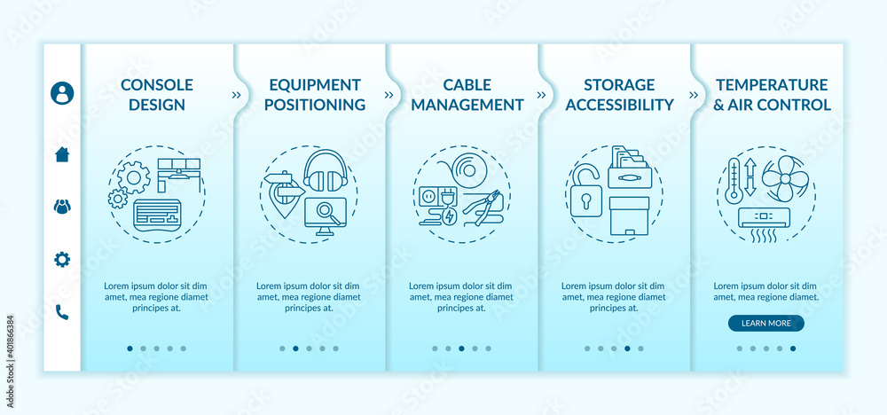 Ergonomics in control room design onboarding vector template. Equipment positioning. Storage accessibility. Responsive mobile website with icons. Webpage walkthrough step screens. RGB color concept