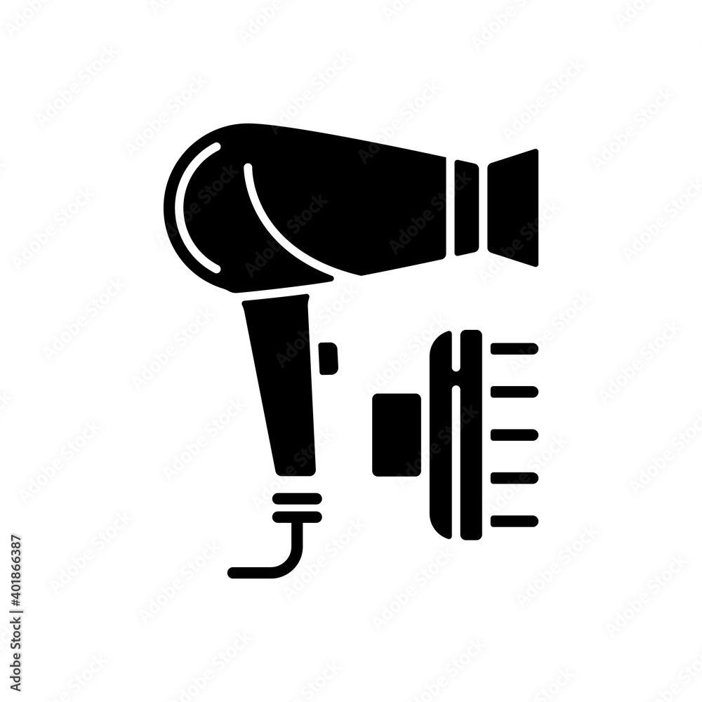 Hair dryer black glyph icon. Drying and styling hair. Hand-held electric blower. Preventing frizz. Hairstyling appliance. Blow drying. Silhouette symbol on white space. Vector isolated illustration