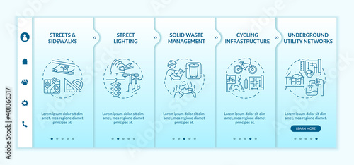 Urban engineering onboarding vector template. Waste management, infrastructure planning. Street lighting. Responsive mobile website with icons. Webpage walkthrough step screens. RGB color concept