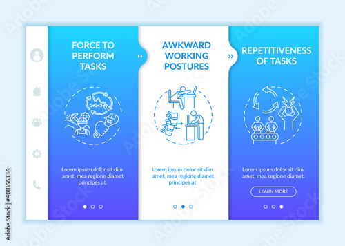 Workplace safety stressors onboarding vector template. Awkward working postures. Tasks repetitiveness. Responsive mobile website with icons. Webpage walkthrough step screens. RGB color concept