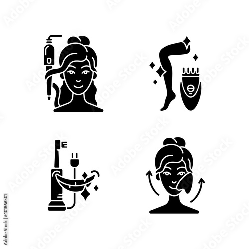 Skin-care tools black glyph icons set on white space. Curling iron. Epilator. Electric toothbrush. Gua sha stone. Hair tong. Removing unwanted hair. Silhouette symbols. Vector isolated illustration