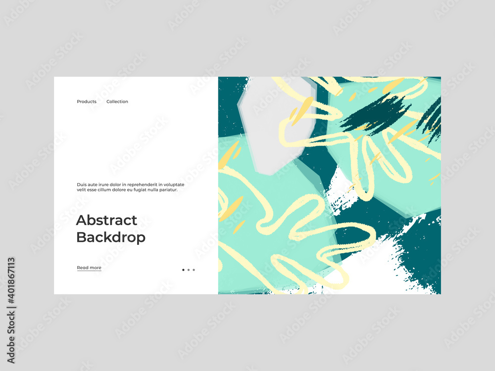 Homepage design with abstract illustration. Colorful geometric and hand drawn shapes, textures. Decorative wallpaper, backdrop. EPS10 vector.