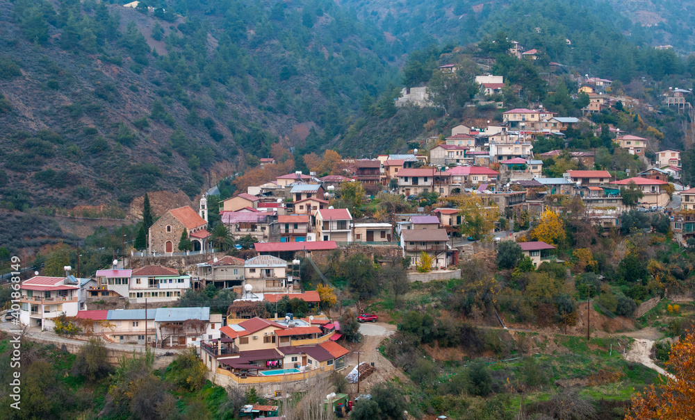 Mountain village of Oikos Nicosia district Troodos mountains Cyprus.