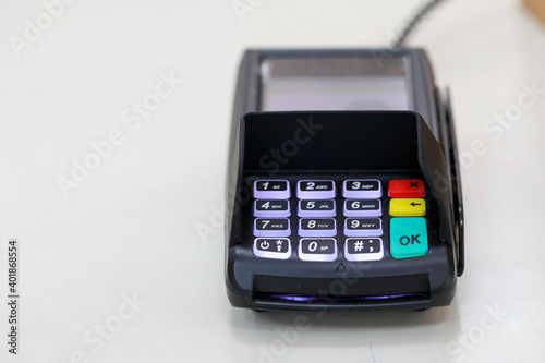 Credit card reader or POS terminal. Payment terminal.