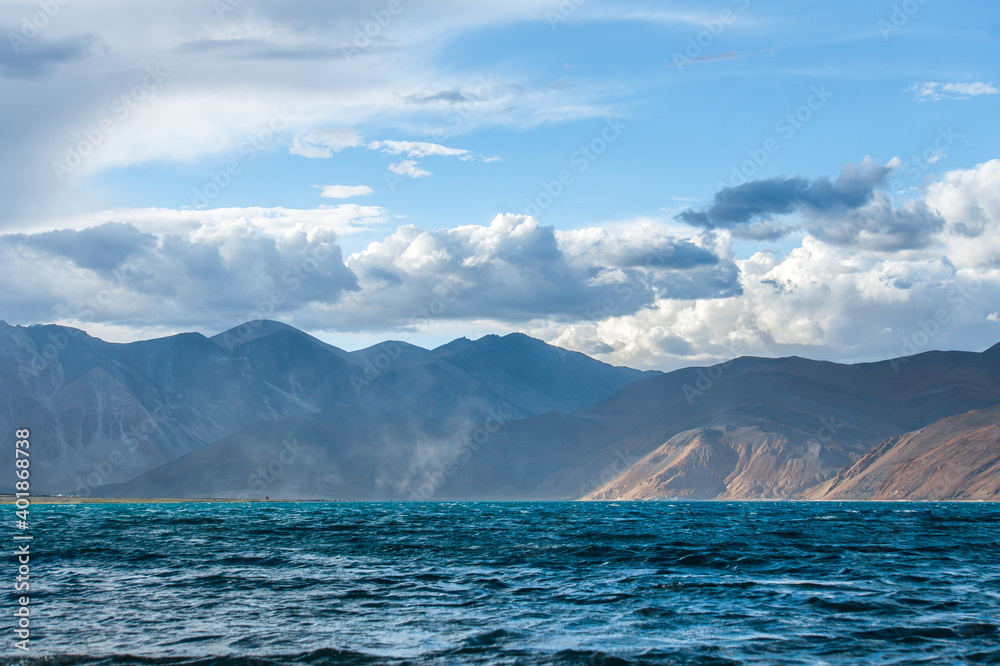 Lake Bangong, Ladakh, border with China, Panoramas of the Himalayas, North India, Zanskar, Tibet, blue sky and clouds