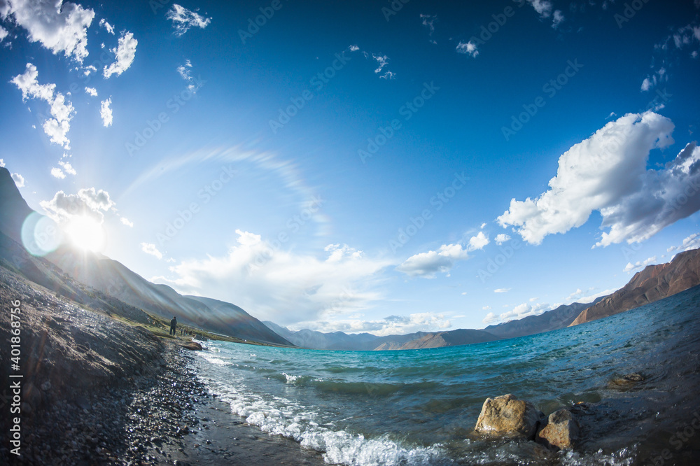 Lake Bangong, Ladakh, border with China, Panoramas of the Himalayas, North India, Zanskar, Tibet, landscape with clouds and sun