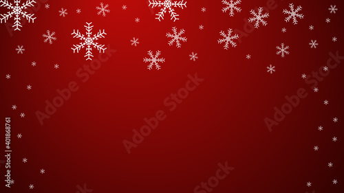 Red bright background, white, fluffy snowflakes. Christmas and New Year, illustration. Vector.