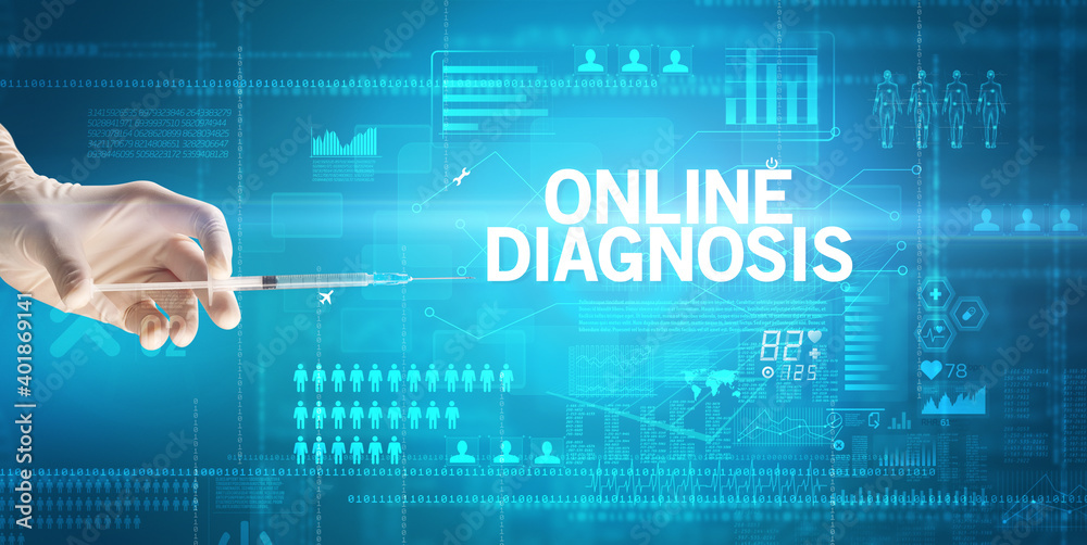 Close-up view of doctor's hand in a white glove holding syringe with ONLINE DIAGNOSIS inscription, healthcare and medical concept Close-up view of doctor's hand in a white glove holding syringe with ONLINE DIAGNOSIS inscription, healthcare and medical concept