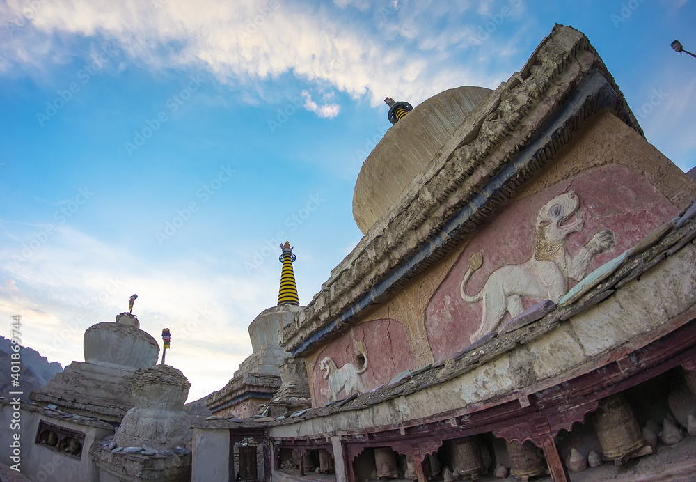 Lamayuru, Buddhist temple, Buddhist stupa, Buddhist frescoes and icons, painting on the walls, Buddhist thangkas, Tibetan Buddhism, Ladakh, Zanskar, Tibet and Tibetan plateau