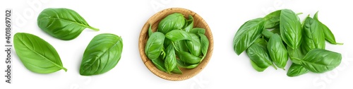 Billede på lærred Fresh basil leaf isolated on white background with clipping path and full depth of field