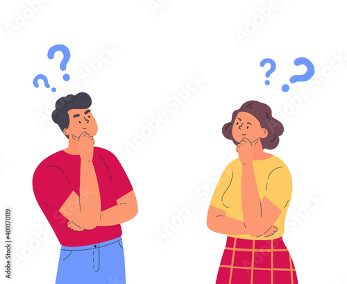 Couple of man and woman having a question. Male and female characters standing in thoughtful pose holding chin and question marks above their head. Quarrel, doubts or interest in relationship. Vector