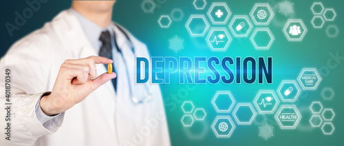 Close-up of a doctor giving you a pill with DEPRESSION inscription, medical concept