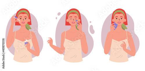 Young beautiful woman with bottle of face serum, facial gua sha stone and roller. Facial yoga. Woman massaging her face. Anti-aging skin care method. Vector flat illustration. 