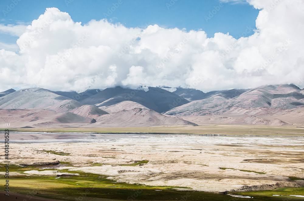 Lake Tso Kar, Panoramas of the Himalayas, North India, Ladakh and Kashmir, Zanskar, Tibet and the Tibetan plateau, landscape with lake and clouds Lake Tso Kar, Panoramas of the Himalayas, North India, Ladakh and Kashmir, Zanskar, Tibet and the Tibetan plateau, landscape with lake and clouds