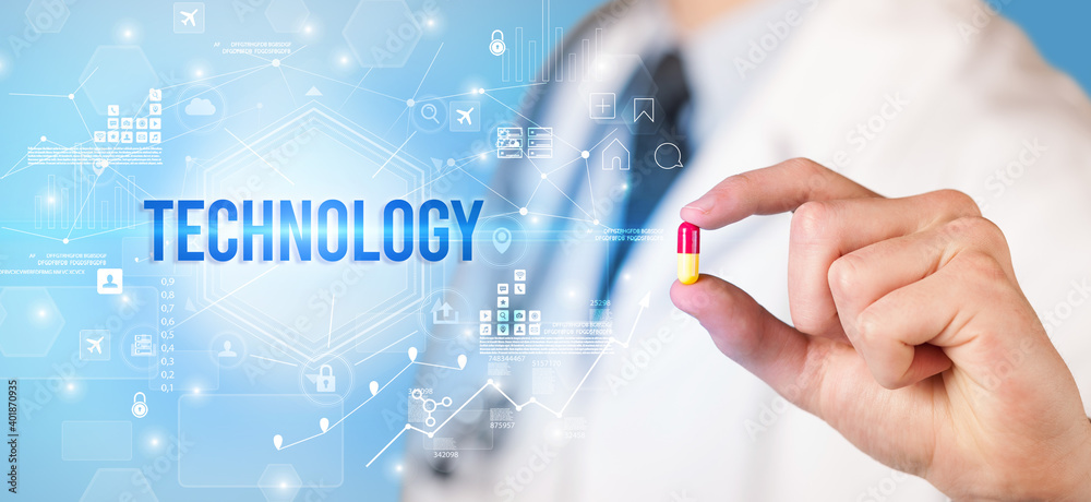 Doctor giving a pill with TECHNOLOGY inscription, new technology solution concept