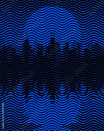 city skyline outline as halftone wavy line pattern in bright blue colours