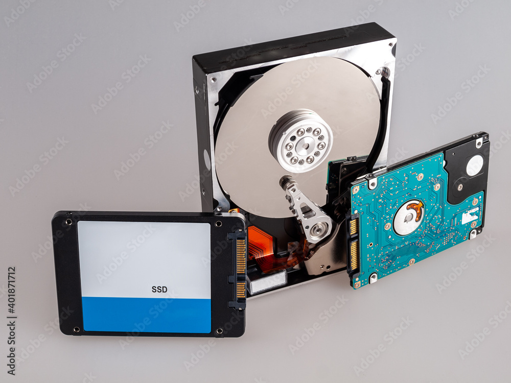 different types of computer drives, hard disk drives and SSD drives of
