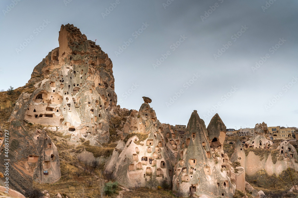 Landscape view of Unesco World Heritage, Cappadocia, Turkey under cloudy sky