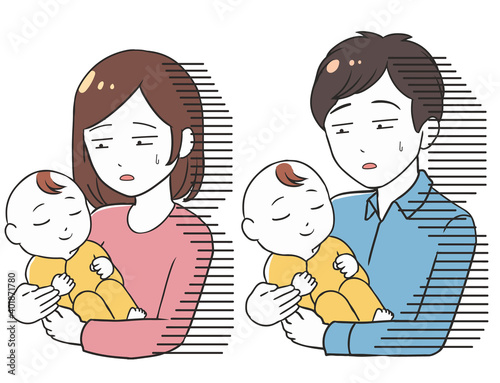 赤ちゃんと親　落ち込み　ギャグ調