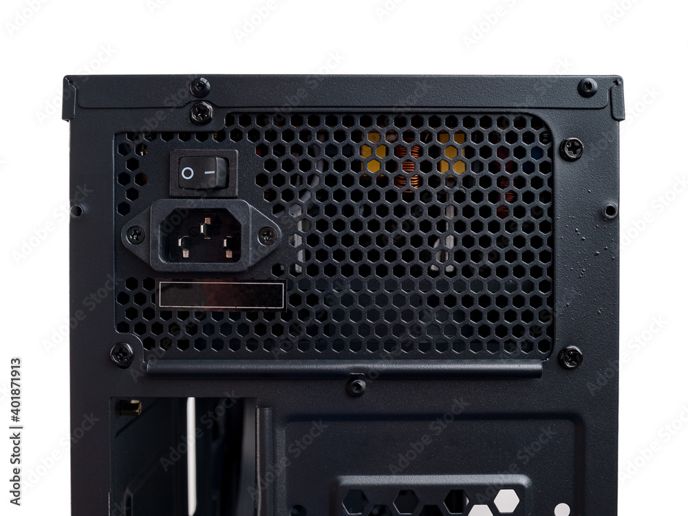 Obraz premium Computer part for system unit assembly, power supply for computer close-up, choice of quiet silent reliable power supply, close up