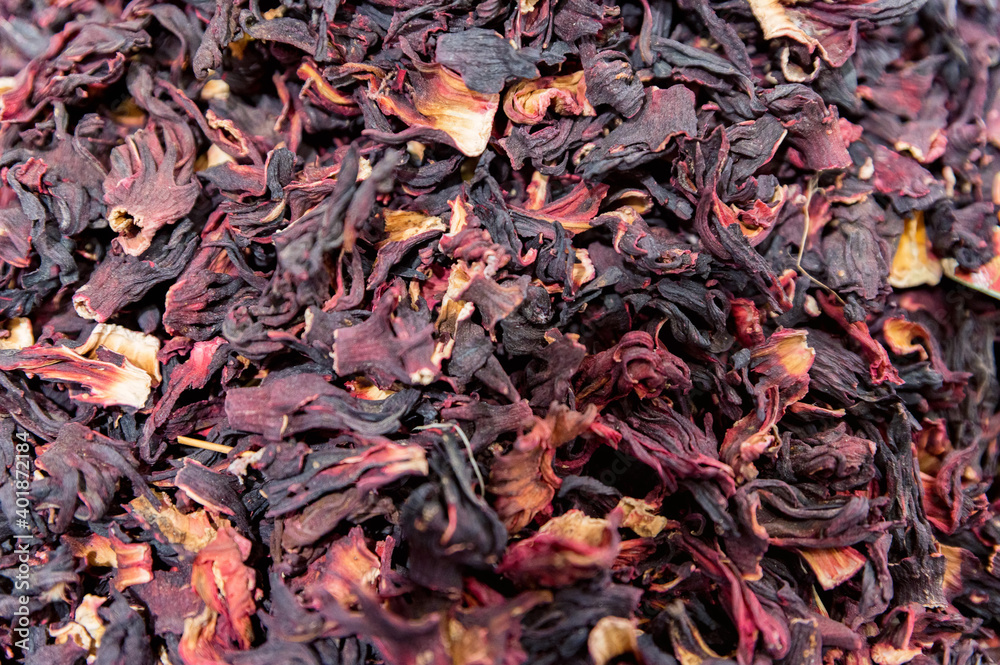 Close up dried colorful hibiscus petals at turkish market