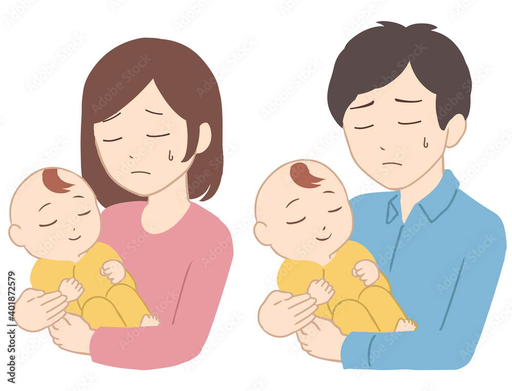 赤ちゃんと親　悩む(線無し)