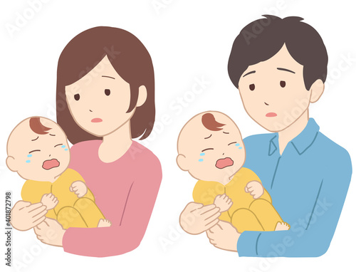 泣く赤ちゃんと親　落ち込み(線無し)