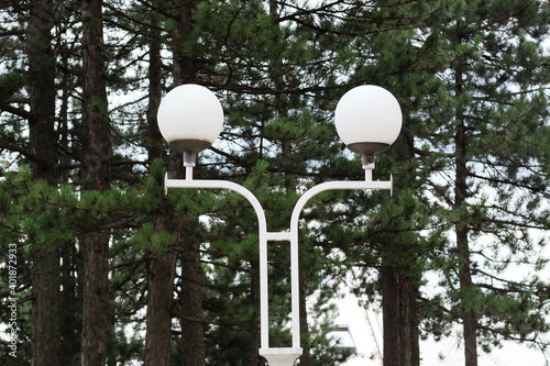 two round white balls street light bulbs with blurry trees in the background