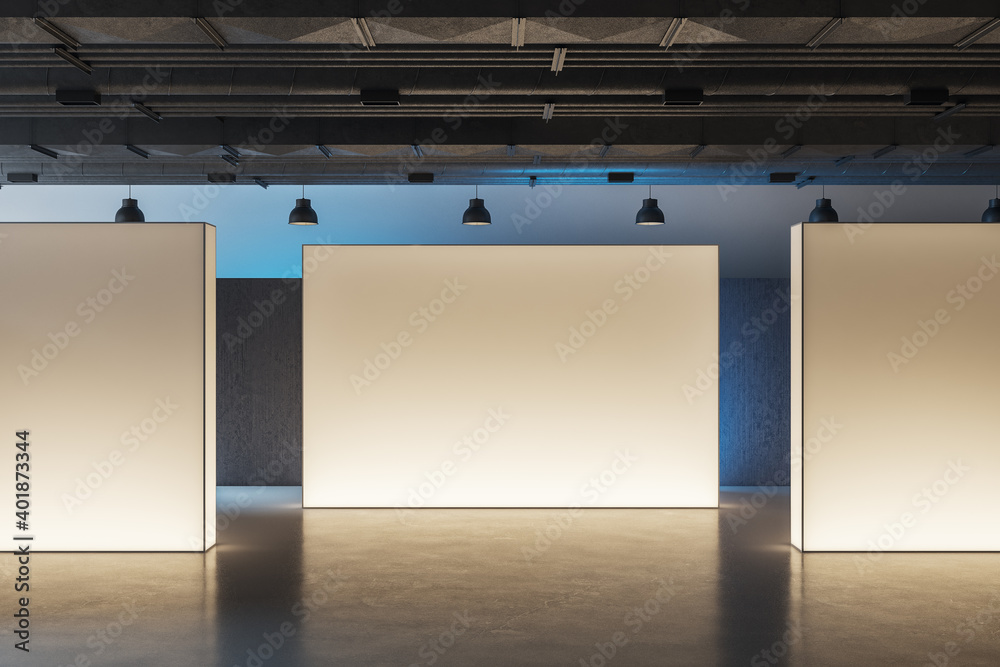 Side view of museum interior with three illuminated banners. - obrazy, fototapety, plakaty 
