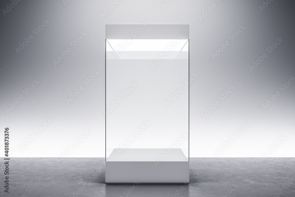 Contemporary gallery interiro with empty exhibition glass box.