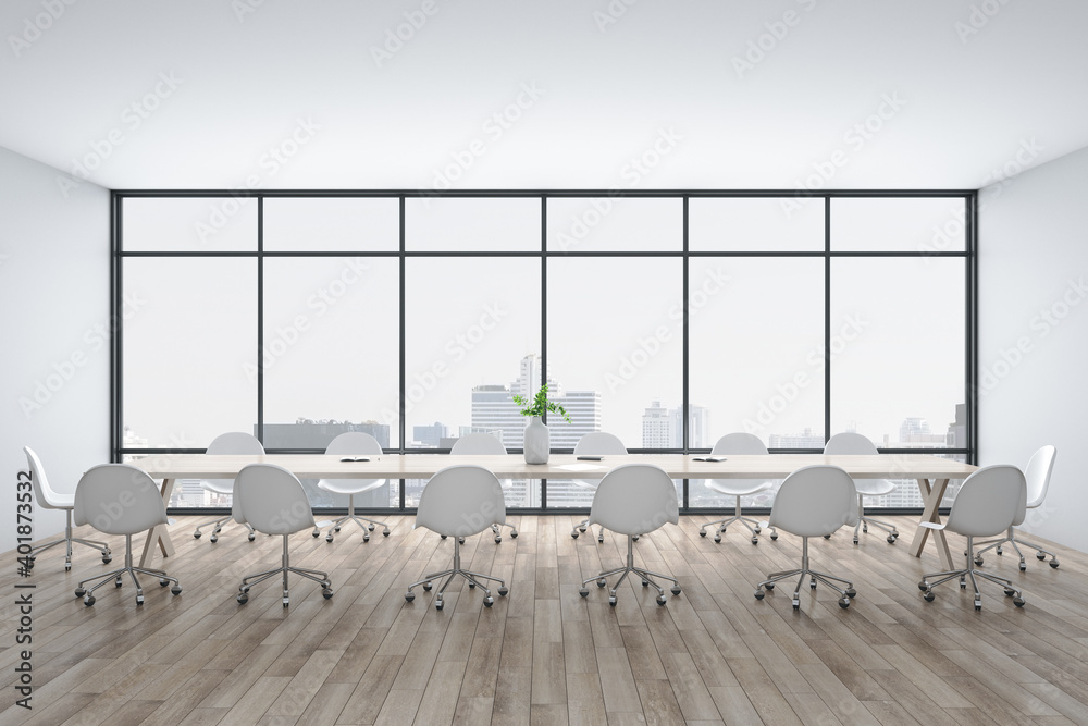 Bright conference interior with megapolis city view - obrazy, fototapety, plakaty 