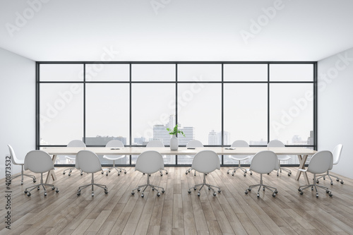 Bright conference interior with megapolis city view