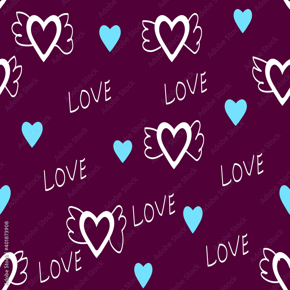Seamless pattern with hand drawn hearts and words Love,cute template for birthday,Valentine decoration,romance print,can be used for wallpaper,background,wrapping paper,cover,fabric design,postcard