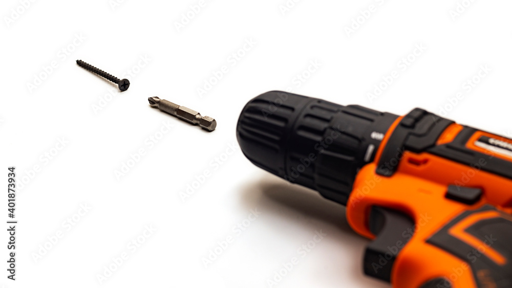 Drill bit self-tapping screw on white background, isolated, selective focus Drill bit self-tapping screw on white background, isolated, selective focus