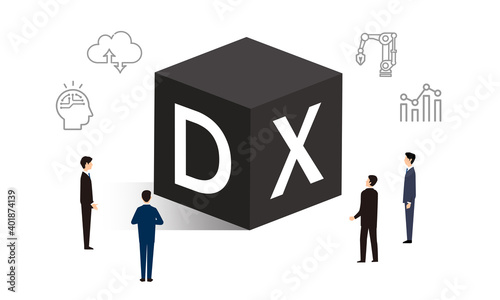 DXとアイコン、ビジネスパーソンのイラストイメージ、ベクターイラストレーション
